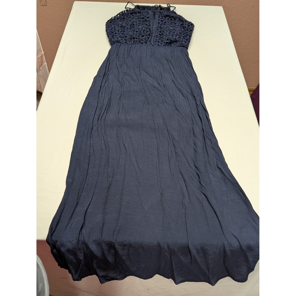 Cloth & People Navy Blue Crochet Lace Halter Maxi Dress Boho Side Slit Medium
